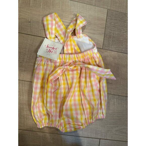 Smocked Or Not Baby Romper 12M Pink & Yellow Gingham With Rainbow Clouds Embroid - Picture 6 of 6